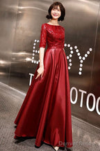 Stunning Evening Dresses Burgundy Half Sleeve Sequin Satin Floor Length Long Prom Gown