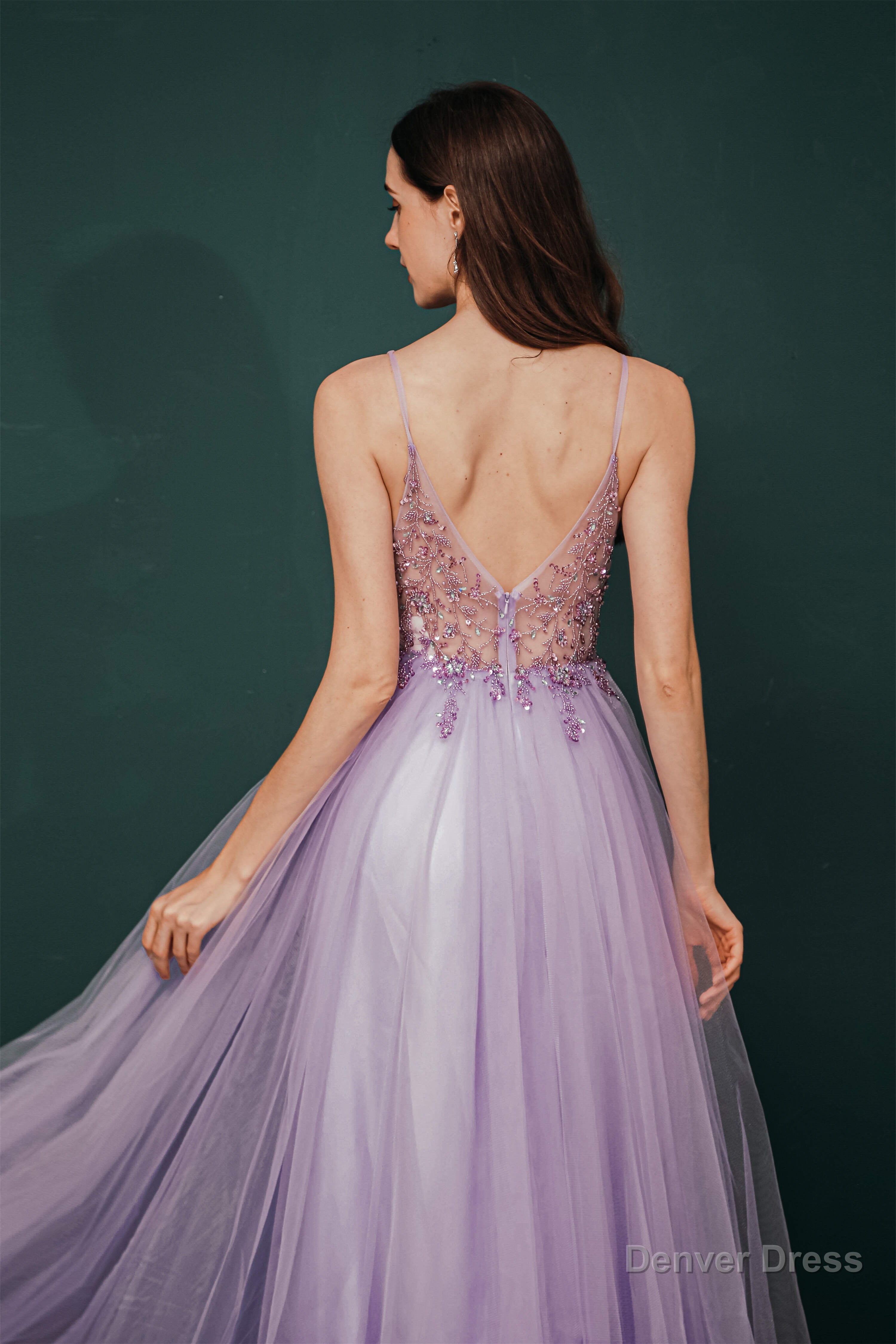 Stunning Front Split Spaghetti Straps Long A Line Beaded Prom Dresses