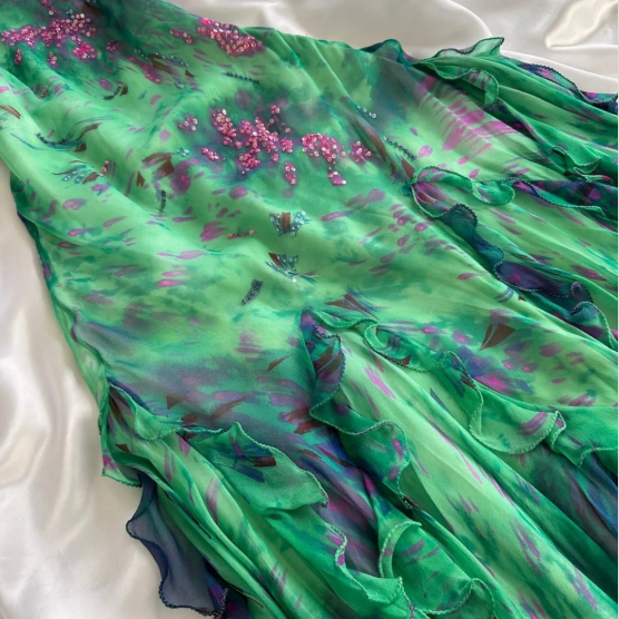 Stunning Green Double-Layered Flying Sleeves And Swaying Neck Chiffon Prom Dresses