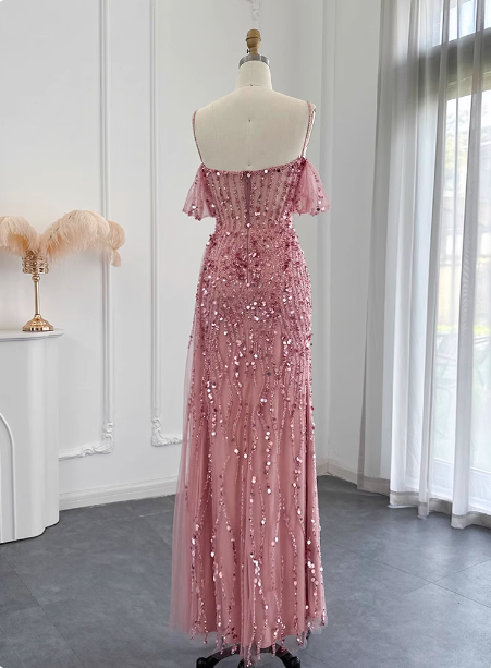 Stunning Pink Spaghetti Strap Slit Sequin Tulle Long Prom Dresses Evening Dresses