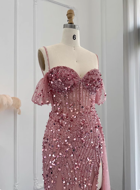 Stunning Pink Spaghetti Strap Slit Sequin Tulle Long Prom Dresses Evening Dresses