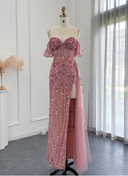 Stunning Pink Spaghetti Strap Slit Sequin Tulle Long Prom Dresses Evening Dresses