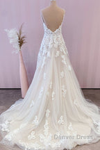 Stunning Long A Line Spaghetti Straps Appliques Lace Tulle Wedding Dresses