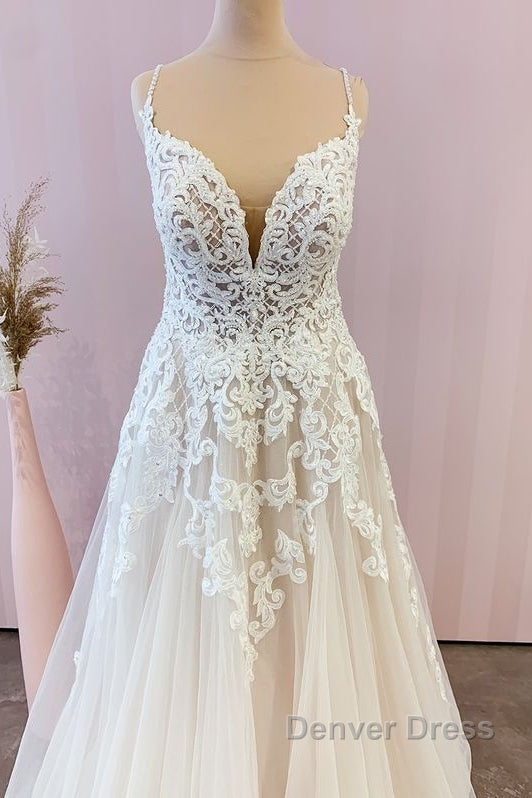Stunning Long A-Line Spaghetti Straps Appliques Lace Tulle Wedding Dresses