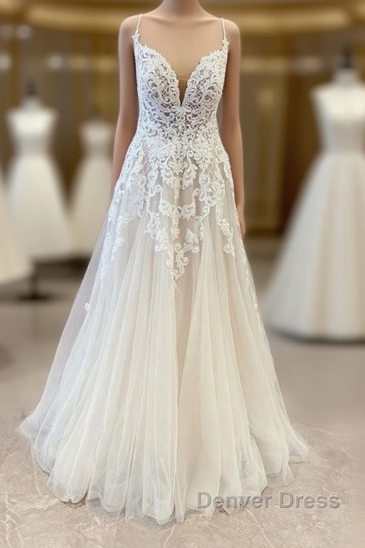 Stunning Long A-Line Spaghetti Straps Appliques Lace Tulle Wedding Dresses Main image