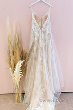 Stunning Long A Line Spaghetti Straps Tulle Lace Wedding Dresses