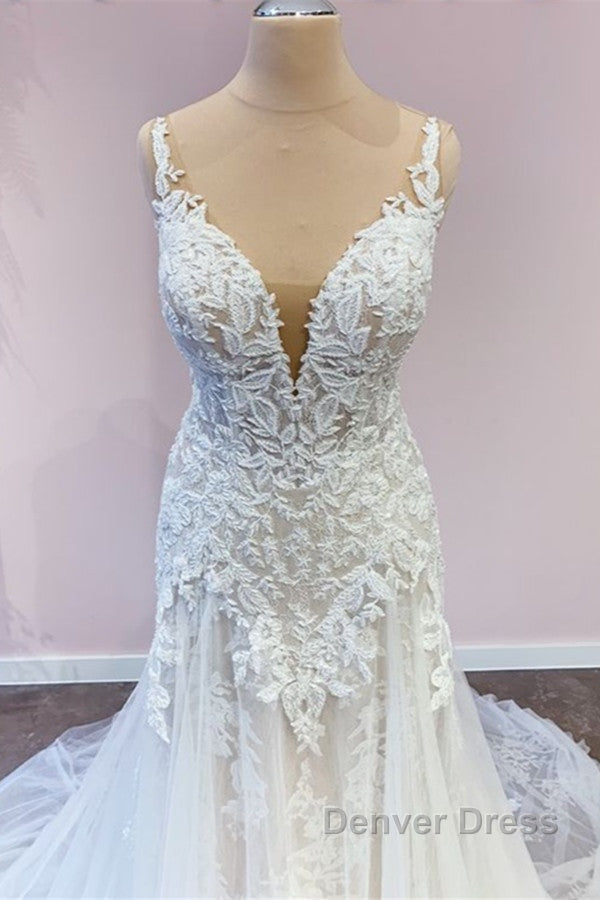 Stunning Long A Line Tulle Sweetheart Appliques Lace Wedding Dresses