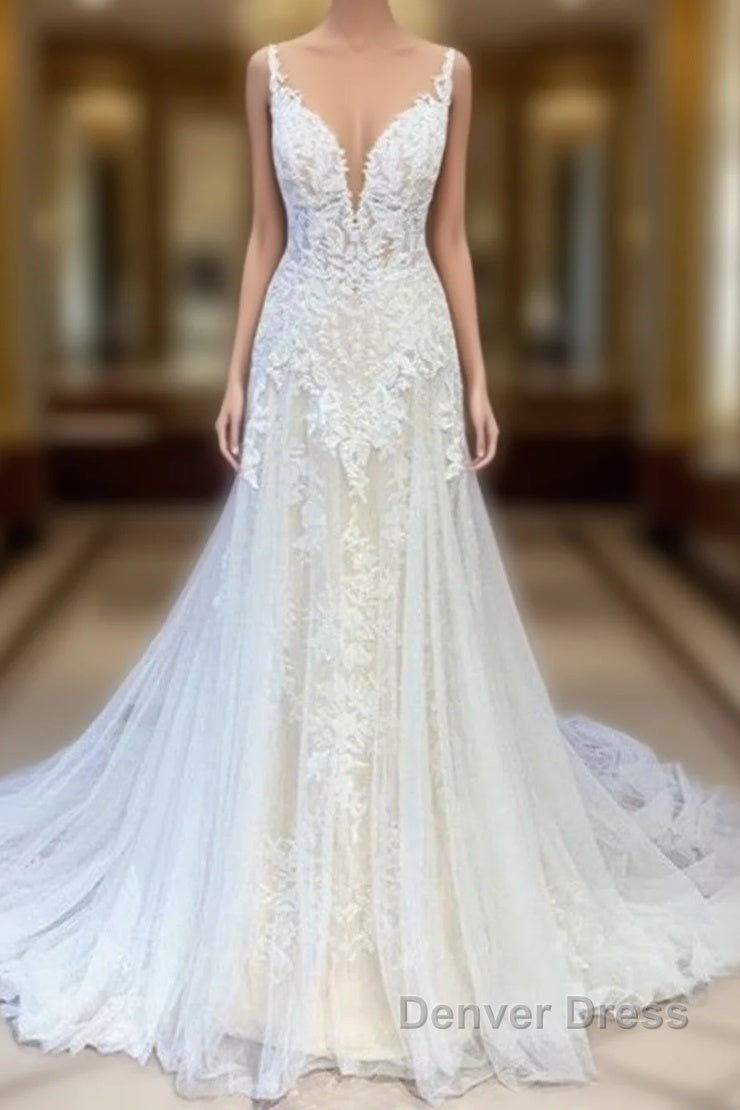 Stunning Long A-Line Tulle Sweetheart Appliques Lace Wedding Dresses