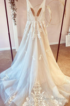 Stunning Long A Line V Neck Tulle Floral Lace Wedding Dresses
