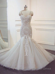 Stunning Long Mermaid Spaghetti Strap Lace Wedding Dresses