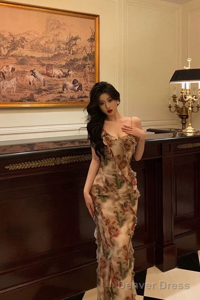 Stunning Mermaid Spaghetti Straps Floral Ruffles Long Prom Dresses Birthday Outfit Secondary image