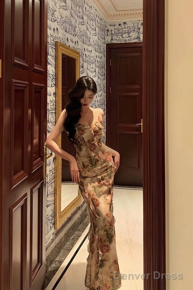 Stunning Mermaid Spaghetti Straps Floral Ruffles Long Prom Dresses Birthday Outfit