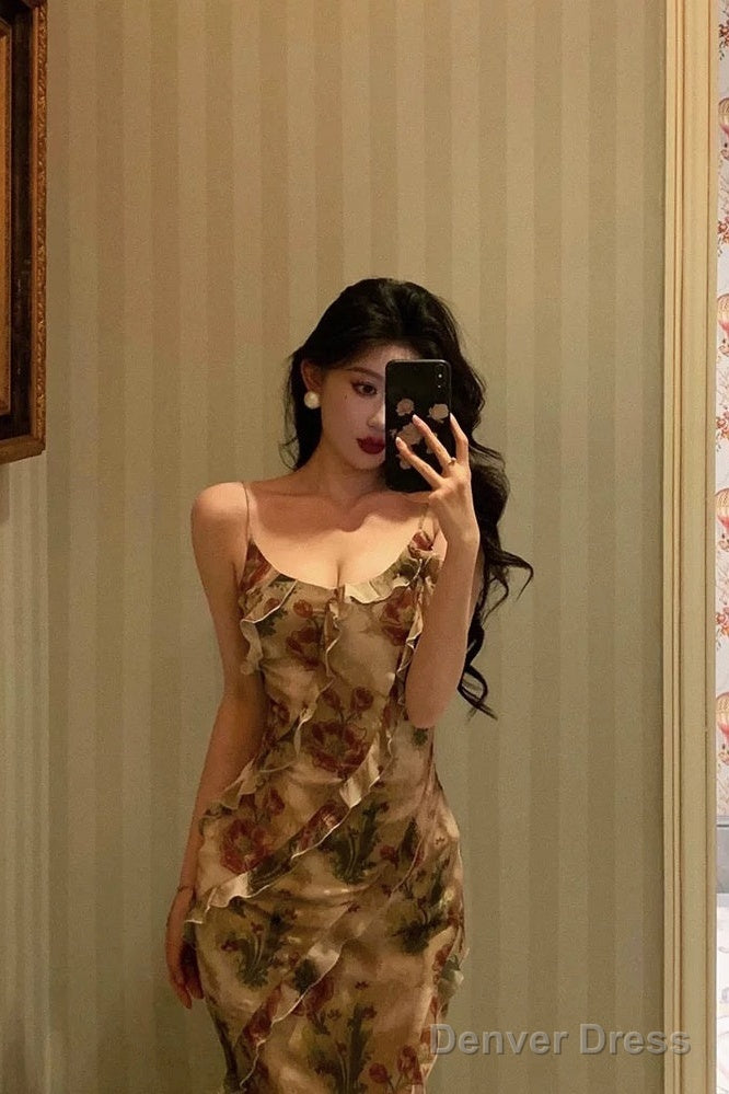 Stunning Mermaid Spaghetti Straps Floral Ruffles Long Prom Dresses Birthday Outfit