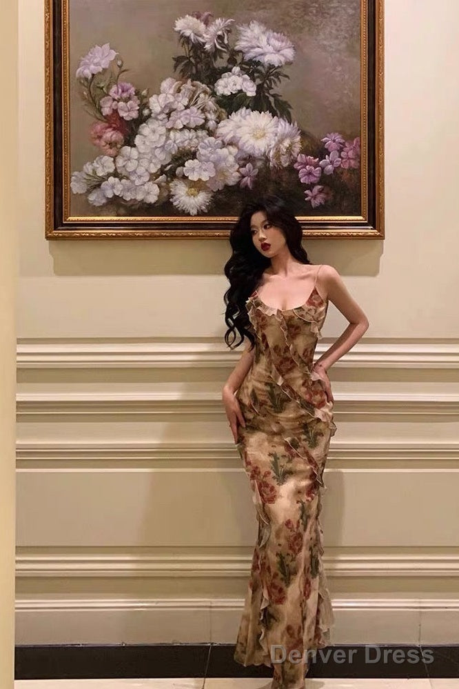 Stunning Mermaid Spaghetti Straps Floral Ruffles Long Prom Dresses Birthday Outfit