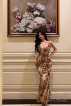 Stunning Mermaid Spaghetti Straps Floral Ruffles Long Prom Dresses Birthday Outfit