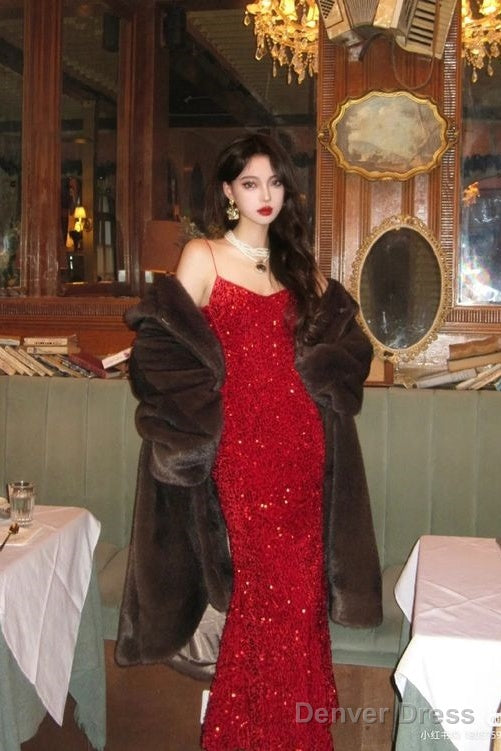 Stunning Mermaid Spaghetti Straps Long Red Sequin Prom Dress Birthday Outfits