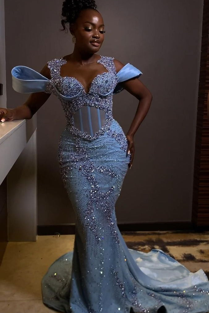 Stunning Off The Shoulder Blue Mermaid Beaded Floor Length Prom Dresses Main image