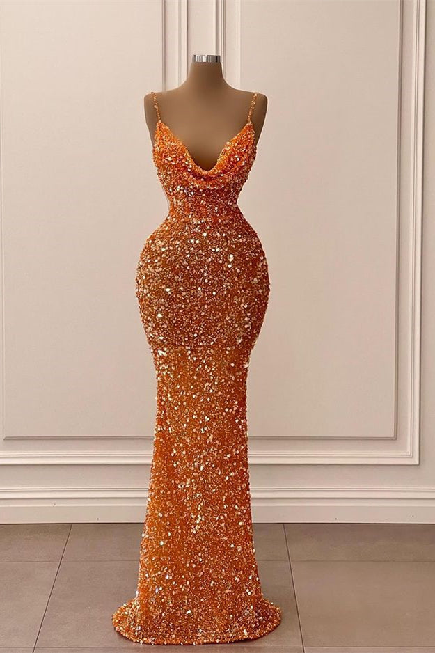 Stunning Orange Spaghetti-Straps Prom Dress Mermaid Sequins Sleeveless Main image