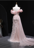 Stunning Pink Mermaid Train Off-The-Shoulder 3D Floral Satin Prom Dresses Evening Dresses