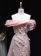 Stunning Pink Mermaid Train Off-The-Shoulder 3D Floral Satin Prom Dresses Evening Dresses