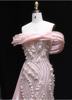 Stunning Pink Mermaid Train Off-The-Shoulder 3D Floral Satin Prom Dresses Evening Dresses