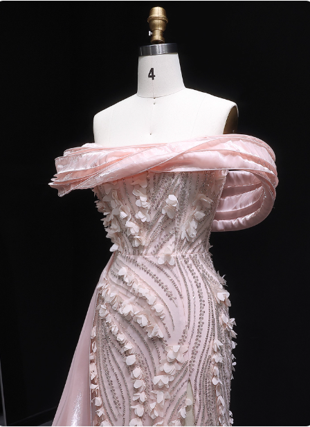 Stunning Pink Mermaid Train Off-The-Shoulder 3D Floral Satin Prom Dresses Evening Dresses