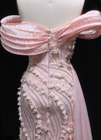 Stunning Pink Mermaid Train Off-The-Shoulder 3D Floral Satin Prom Dresses Evening Dresses