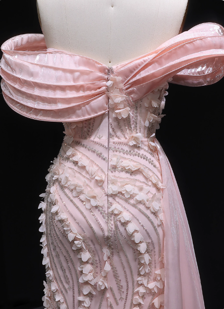 Stunning Pink Mermaid Train Off-The-Shoulder 3D Floral Satin Prom Dresses Evening Dresses