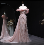 Stunning Pink Mermaid Train Off-The-Shoulder 3D Floral Satin Prom Dresses Evening Dresses