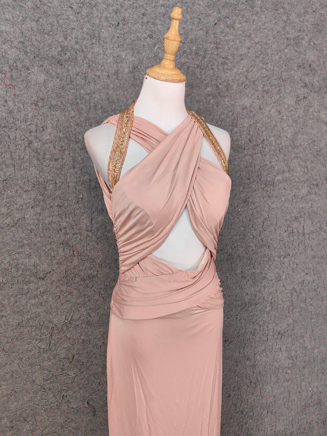 Stunning Pink Sleeveless Cross Neck Beaded Satin Long Prom Dresses Evening Dresses Secondary image