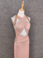 Stunning Pink Sleeveless Cross Neck Beaded Satin Long Prom Dresses Evening Dresses