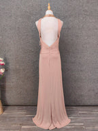 Stunning Pink Sleeveless Cross Neck Beaded Satin Long Prom Dresses Evening Dresses