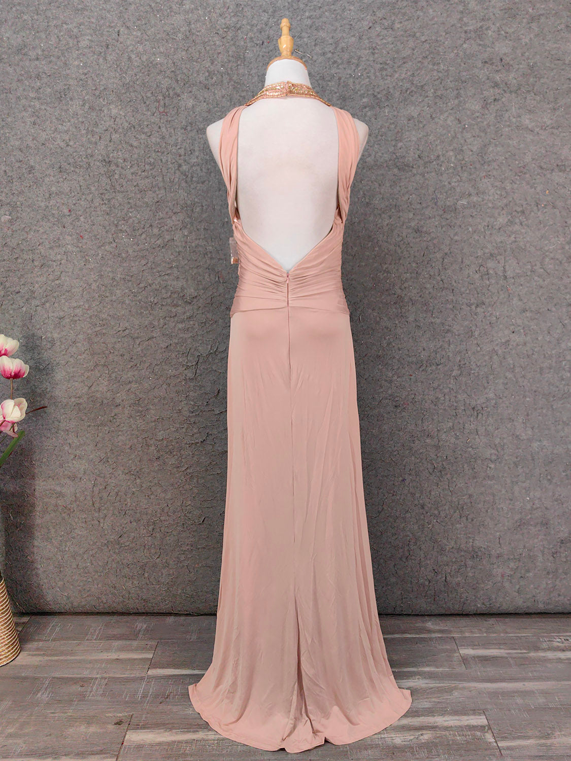 Stunning Pink Sleeveless Cross Neck Beaded Satin Long Prom Dresses Evening Dresses