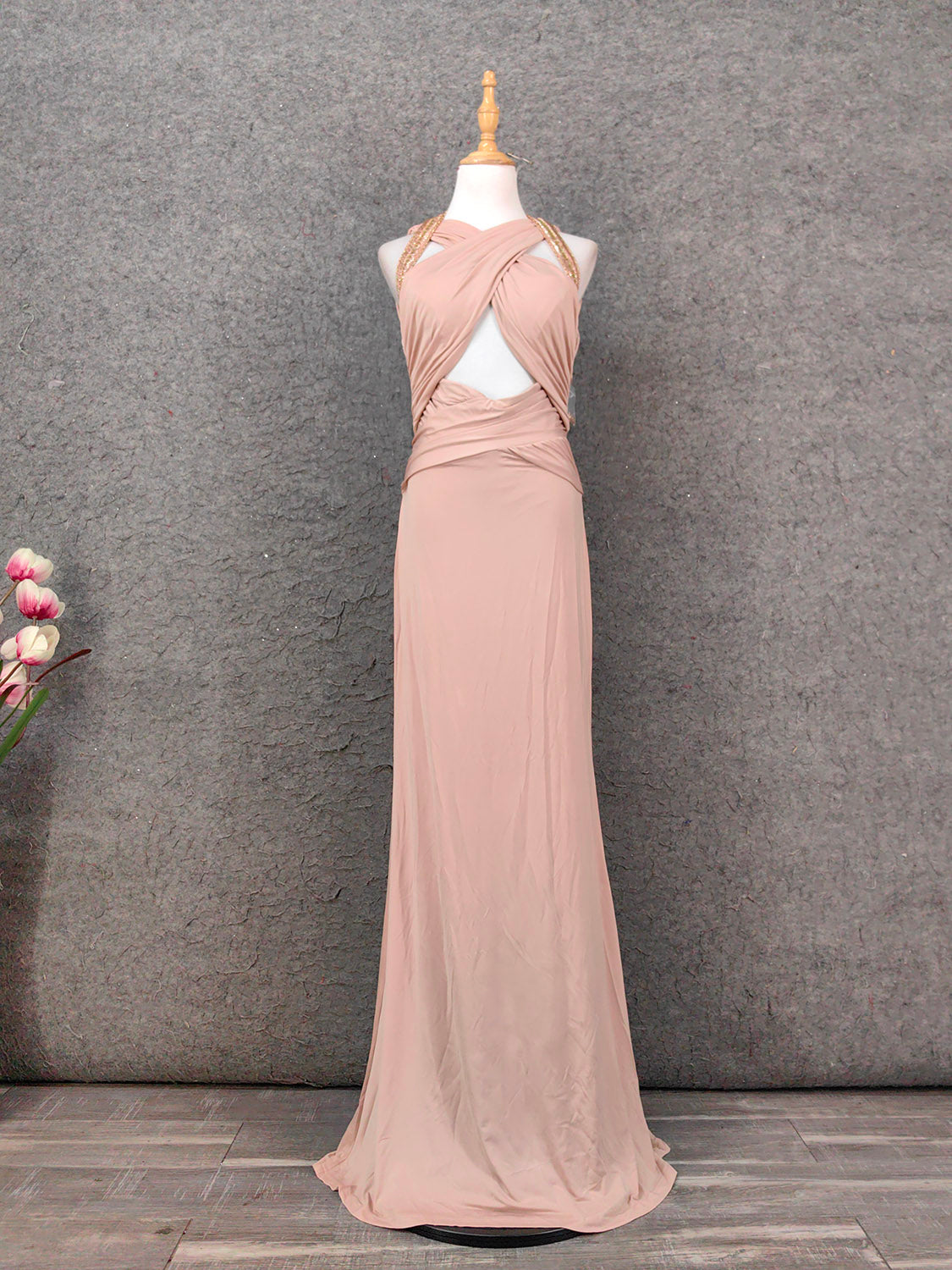 Stunning Pink Sleeveless Cross Neck Beaded Satin Long Prom Dresses Evening Dresses Main image