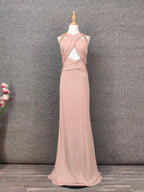 Stunning Pink Sleeveless Cross Neck Beaded Satin Long Prom Dresses Evening Dresses