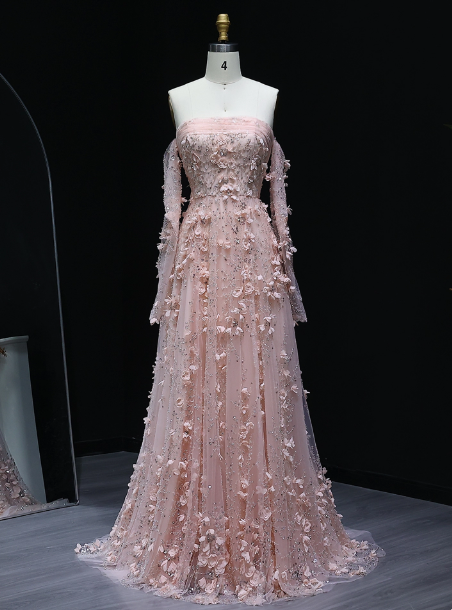 Stunning Pink Strapless 3D Floral Sequin Tulle Train Prom Dresses Evening Dresses Secondary image