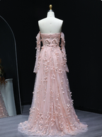 Stunning Pink Strapless 3D Floral Sequin Tulle Train Prom Dresses Evening Dresses