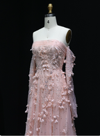 Stunning Pink Strapless 3D Floral Sequin Tulle Train Prom Dresses Evening Dresses