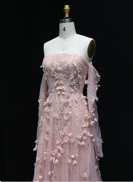 Stunning Pink Strapless 3D Floral Sequin Tulle Train Prom Dresses Evening Dresses