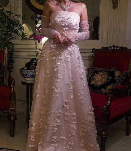 Stunning Pink Strapless 3D Floral Sequin Tulle Train Prom Dresses Evening Dresses