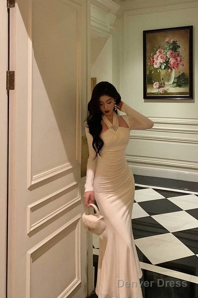 Stunning Sheath Halter Long Sleeves White Date Night Dress Ruffles Prom Dresses Birthday Outfit