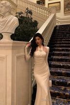 Stunning Sheath Halter Long Sleeves White Date Night Dress Ruffles Prom Dresses Birthday Outfit