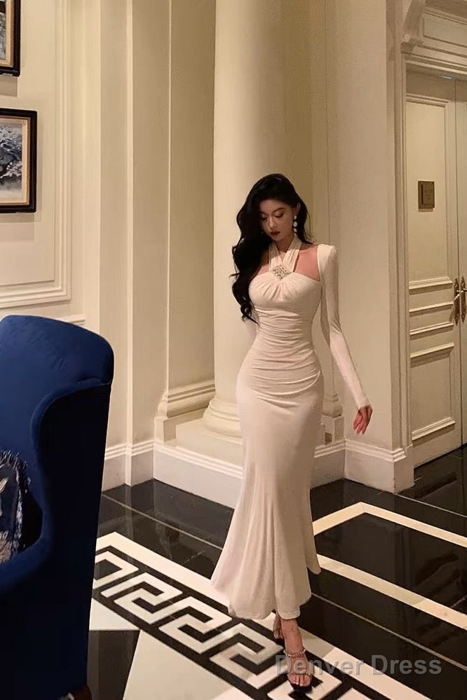Stunning Sheath Halter Long Sleeves White Date Night Dress Ruffles Prom Dresses Birthday Outfit