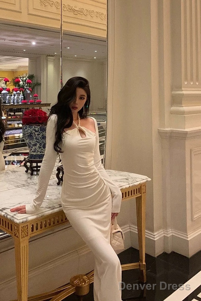 Stunning Sheath Halter Neckline Long Sleeves Date Night Dress White Prom Dresses Birthday Outfit Secondary image