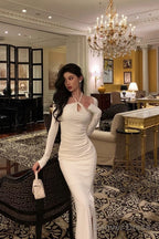Stunning Sheath Halter Neckline Long Sleeves Date Night Dress White Prom Dresses Birthday Outfit