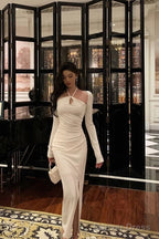 Stunning Sheath Halter Neckline Long Sleeves Date Night Dress White Prom Dresses Birthday Outfit