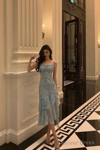 Stunning Sheath Spaghetti Straps Blue Chiffon Ruffles Date Night Dress Prom Dresses Birthday Outfit