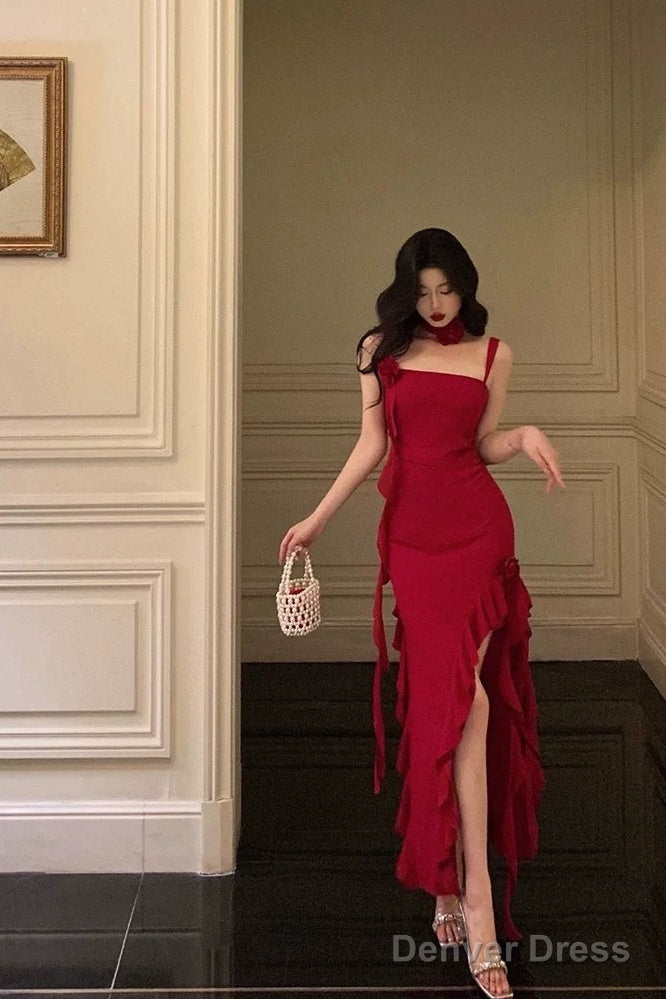 Stunning Sheath Spaghetti Straps Red Ruffles Date Night Dress Prom Dre – Denver Dress