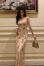 Stunning Sheath Spaghetti Straps Sleeveless Floral Date Night Dress Prom Dresses Birthday Prom Outfit