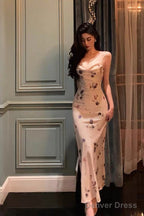 Stunning Sheath Spaghetti Straps Sleeveless Floral Date Night Dress Prom Dresses Birthday Prom Outfit